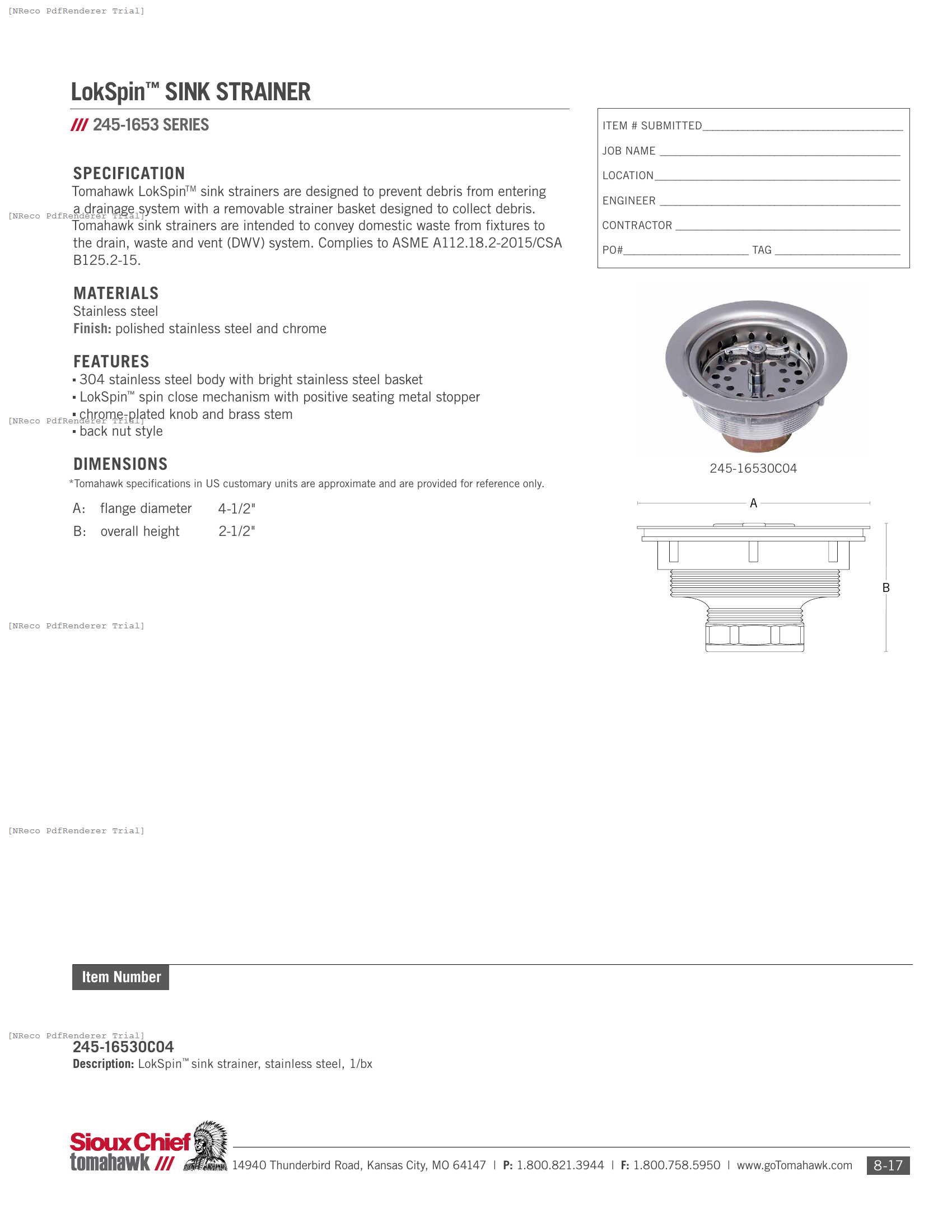 245-16530C04 - LOK-SPIN SINK STRAINER - SPEC SHEET.PDF Specification Document